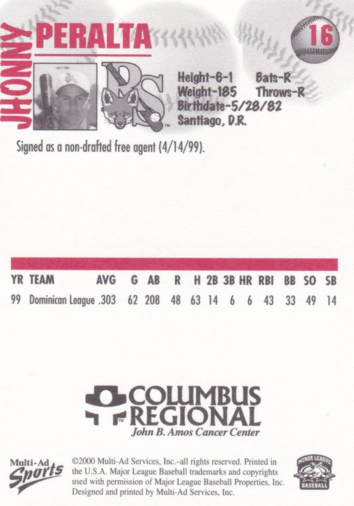 2000 Multi-Ad Columbus Redstixx Jhonny Peralta #16 [b]